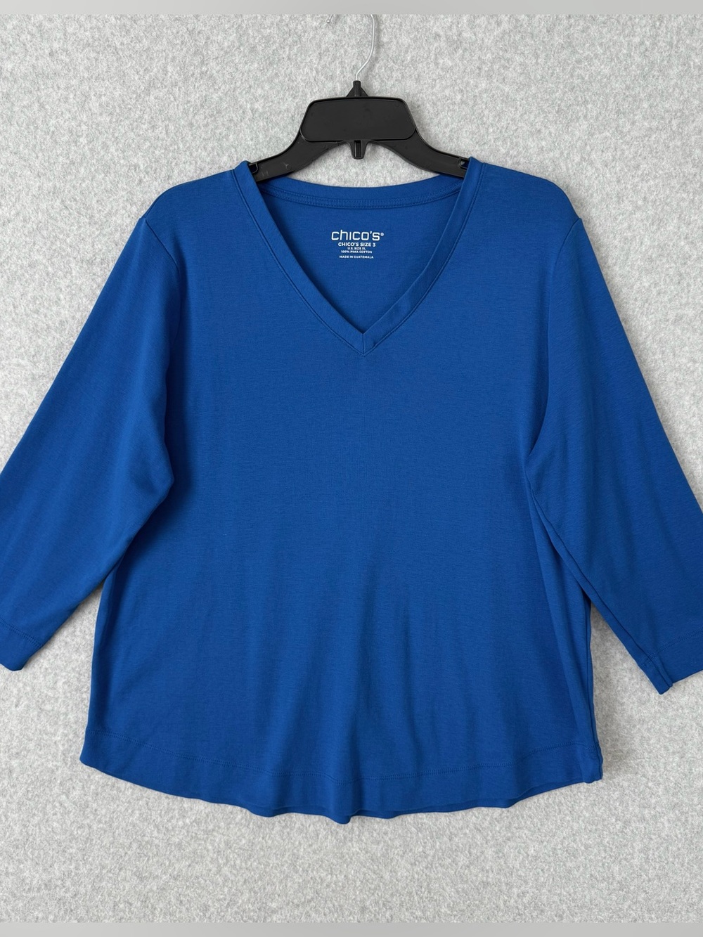 Chicos Blue T Shirt Womens 3 / XL  V Neck 3/4 Sleeves Pima Cotton Casual Comfort
